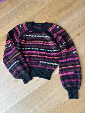 MOTHER DENIM - Striped Black + Pink Cropped Knit Sweater
